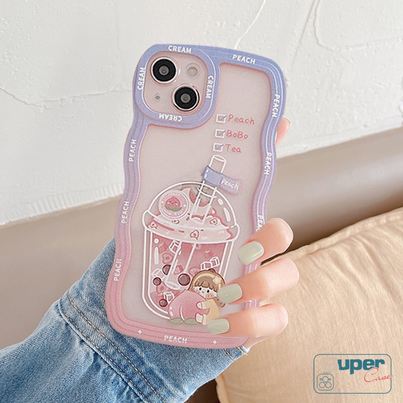 IPHONE Casing Wavy Edge Soft Case Kompatibel Untuk Iphone11 14 12 13 Pro Max6 6s 7 8 Plus XR 14 Plus X XS MAX SE 2020 Gadis Manis Teh Susu Air Berkilau TPU Shockproof Cover