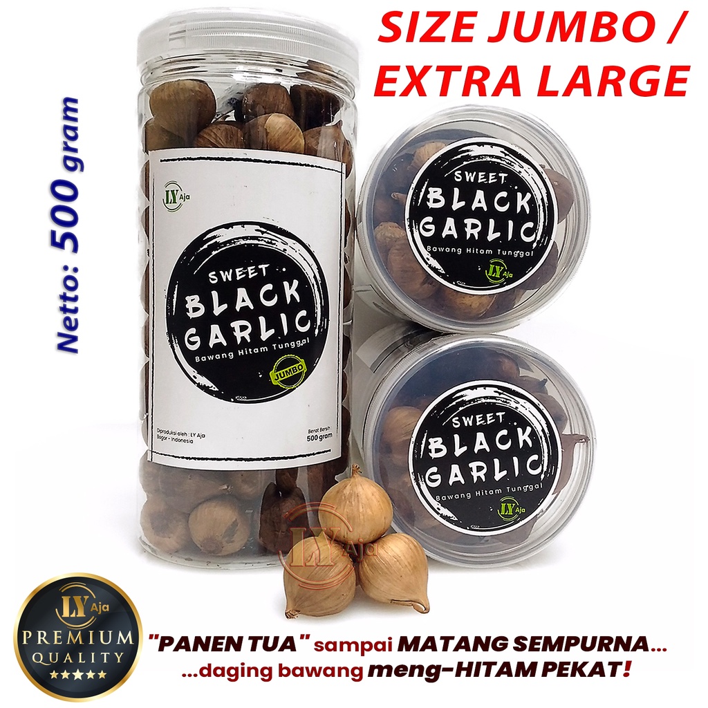 Bawang Hitam Tunggal Lanang 500 Gram Sweet Black Garlic LY Aja Size Kecil Sedang Besar Jumbo Super Premium 500 Gr