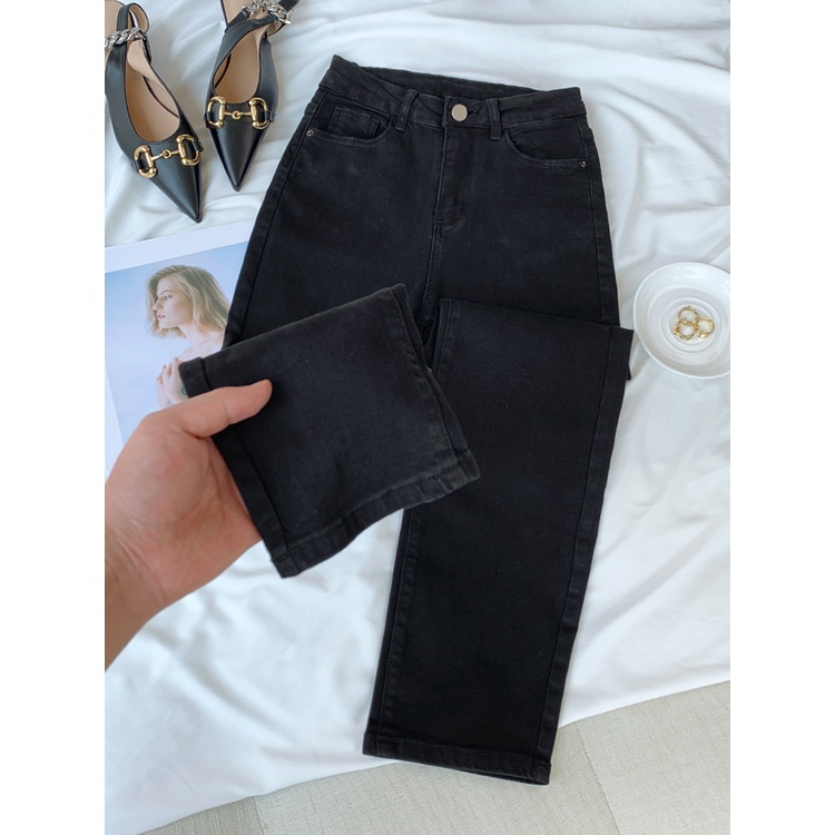 Hitam Highwaist Melar Lurus Celana Jeans panjang Wanita Premium (realpict)