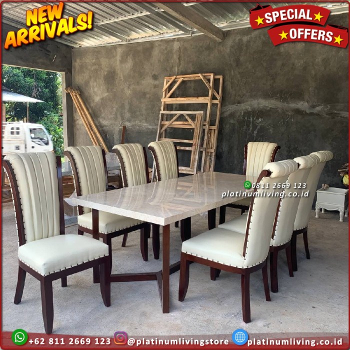 Meja Makan Marmer 220x100 Kursi 8 Jati Klasik Meja Makan Marmer jati - 6 Kursi