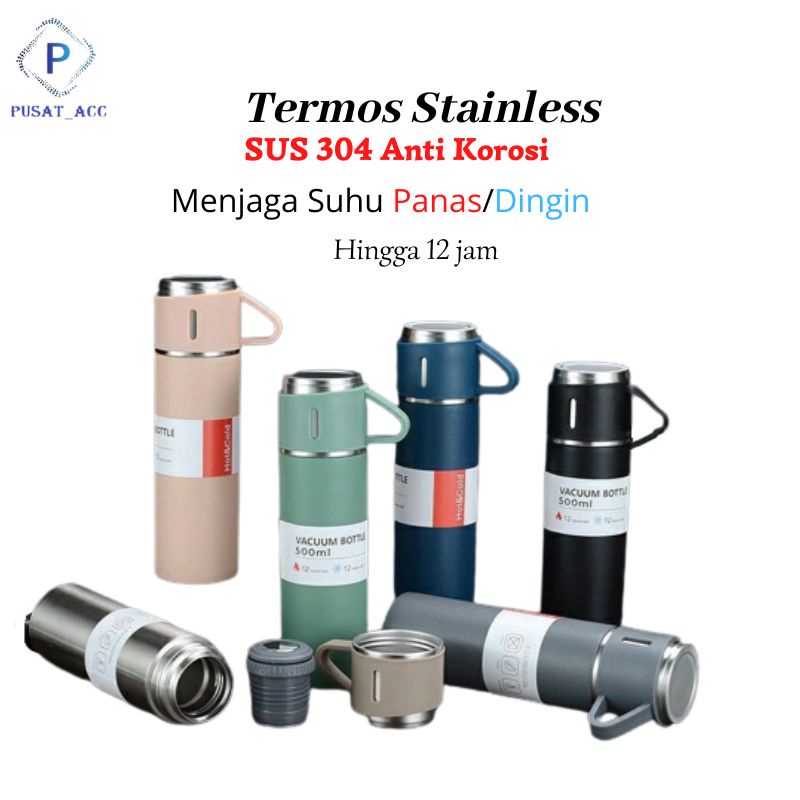 VB3 - Termos Air panas polos Vacuum Bottle Cup Stainless Steal FREE 3 Cangkir