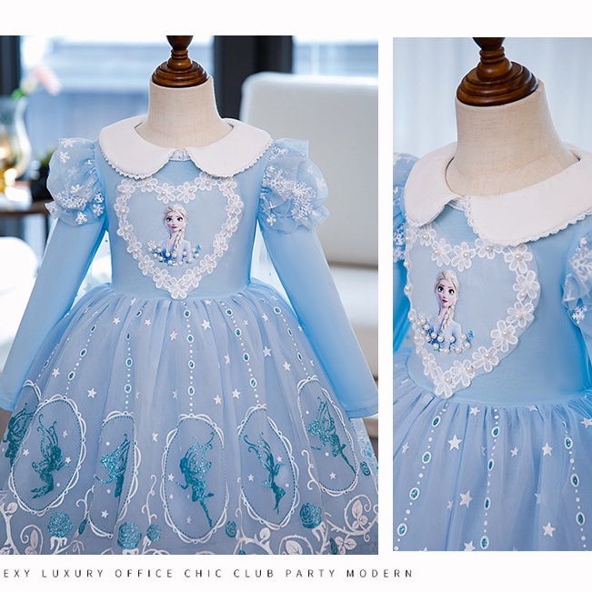 2-10 thn Anak Perempuan Frozen Elsa Princess Dress untuk Pesta Bunga Lengan Panjang Gaun Tutu