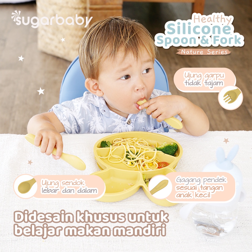 Sugar Baby Healthy Silicone Spoon &amp; Fork Nature Series - Sendok Garpu Food Grade SugarBaby
