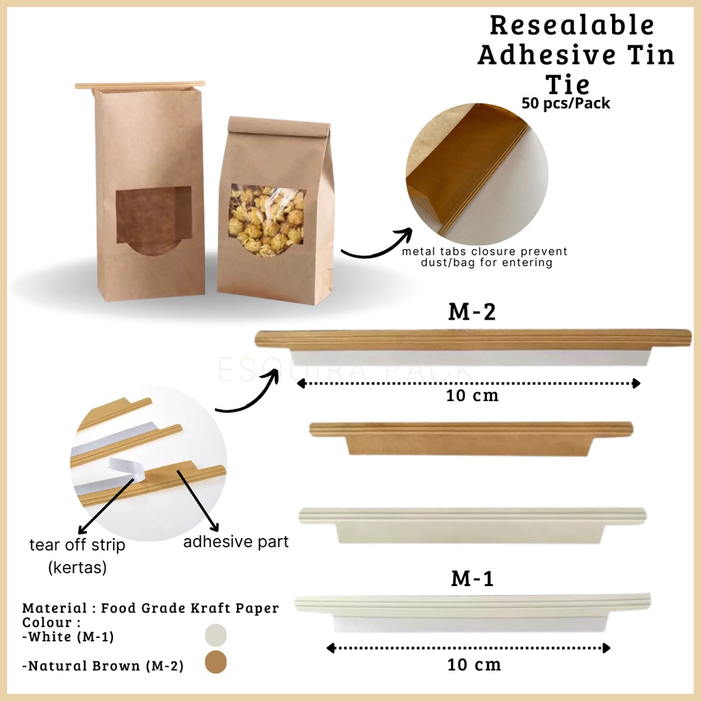 Resealable Adhesive Tin-Tie / White Kraft/ Kraft Paper 14CM / 50 PCS / M-1,M-2