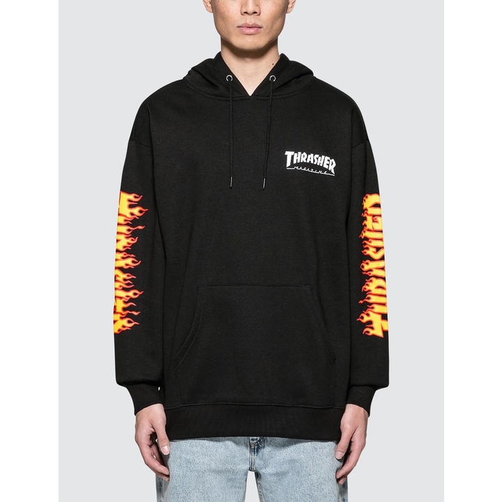 Thrasherr Japan Licensed Flame Hooded Black