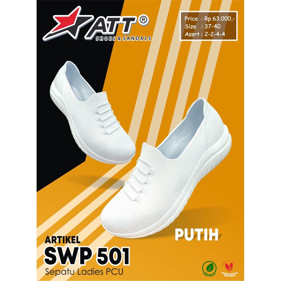 Sepatu Slip On Wanita ATT SWP 501 Karet Sneakers Anti Air PUTIH HITAM