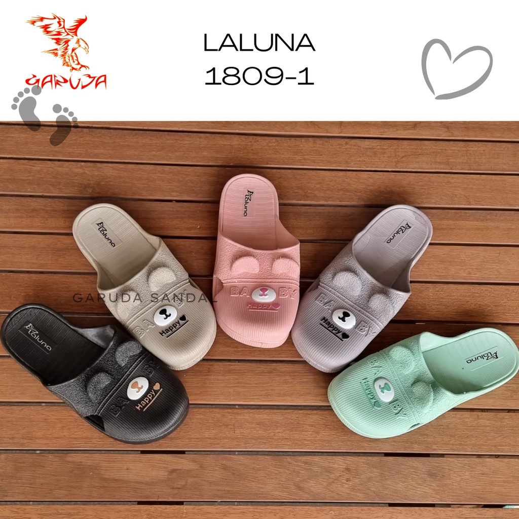 Sandal Selop Wanita LALUNA 1809 -1 Karet Import motif Bear dan telinga timbul cute