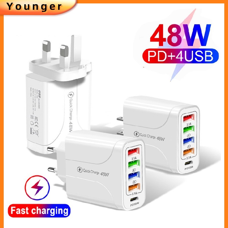 Adapter Power Charger 4 Port USB 48W Fast Charging Plug EU / US / UK Untuk Iphone 14 13 Pro Max