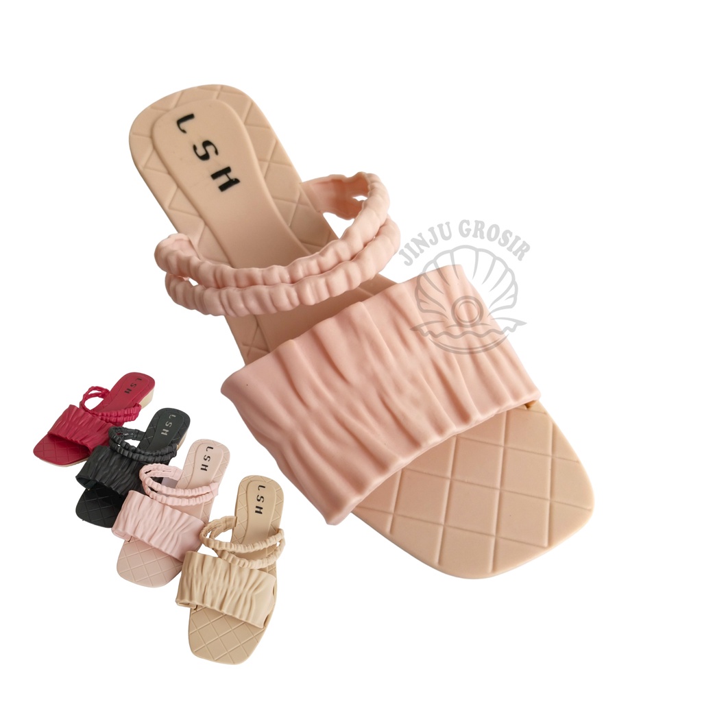 Sandal Wanita Jelly karet Sendal Perempuan Hak Tahu Rendah 3 cm Kekinian Kerut Korea Style Import Te
