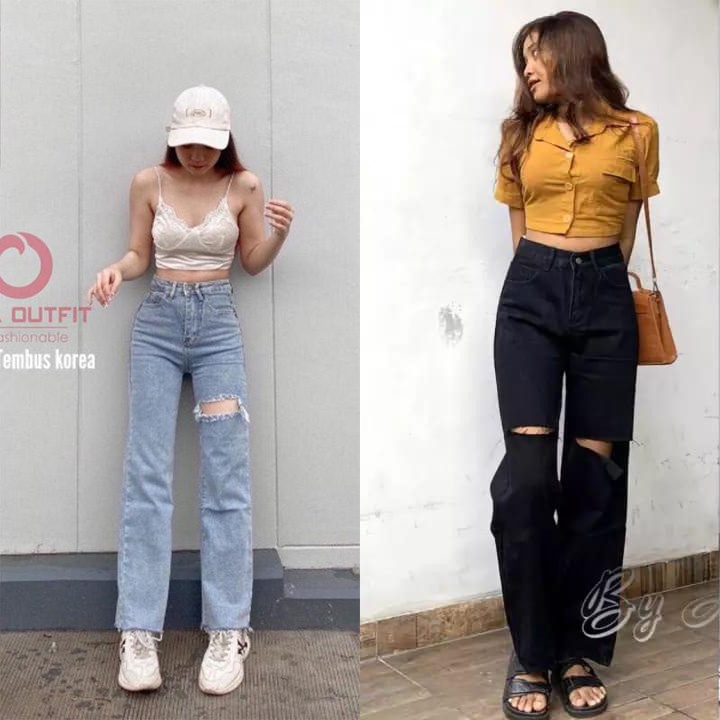 Celana Kulot Jeans Wanita Sobek Destroy Lutut Nessa /celana boyfriend wanita korean style 2021/celan