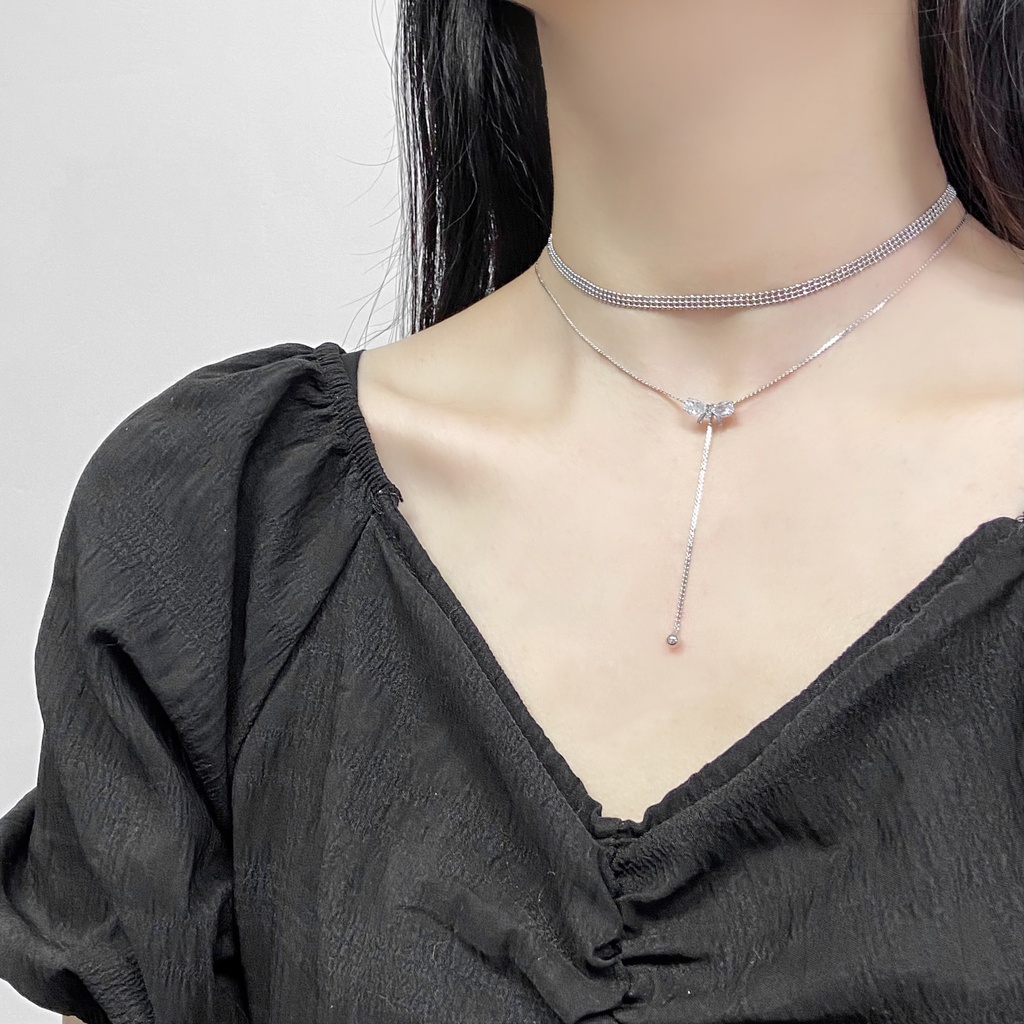 Kalung Rantai Liontin Pita Hias Zircon Gaya Retro Koreasimple Untuk Wanita