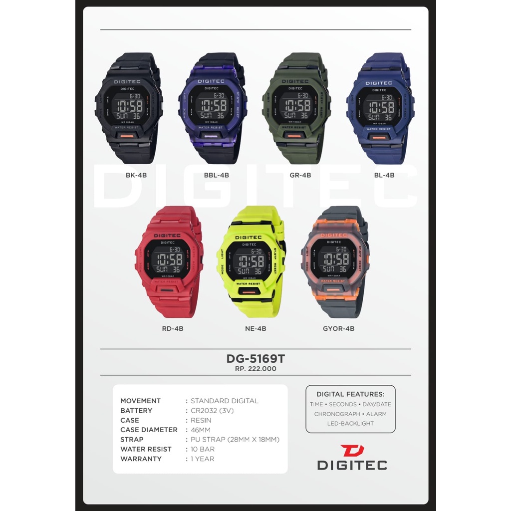 Jam Tangan Pria Digitec DG 5169 / Digitec 5169 / DG-5169T Original Rubber Tahan Air Digital Digitec Original