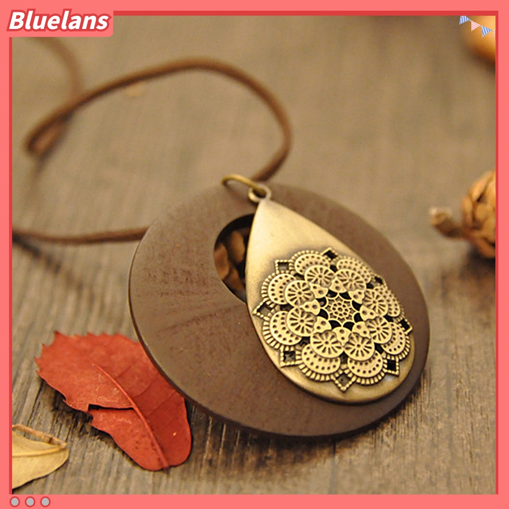 Bluelans Kalung Tali Velvet Dengan Liontin Kayu Bentuk Tetesan Air Model Vintage Untuk Wanita