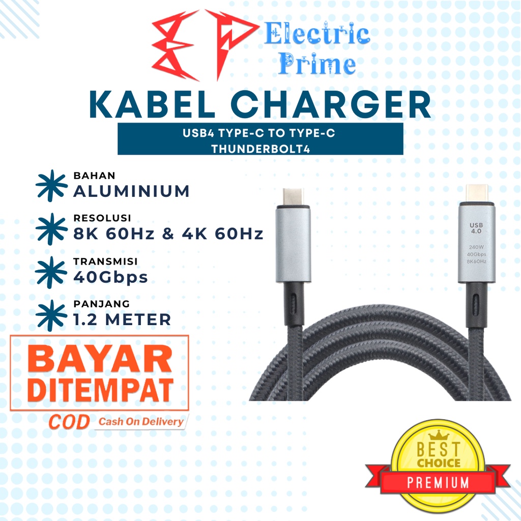 Kabel Data USB4 Cable Type C to USB C PD Fast Charging 240W Thunderbolt 4 Full Features Cable Transfer Speed 40Gbps 8K Ultra HD Huawei Macbook Air iMac Pro 1.2 Meter