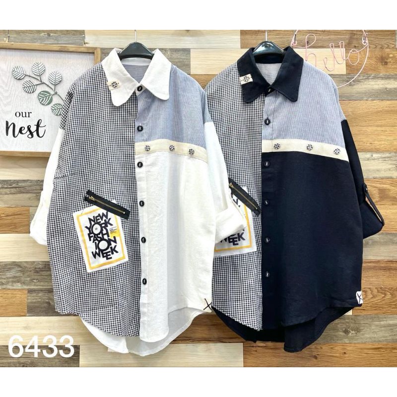 Atasan Kemeja Katun Linen Import Model Kombinasi Salur & Kotak kecil aplikasi lucu LUBANa#6433