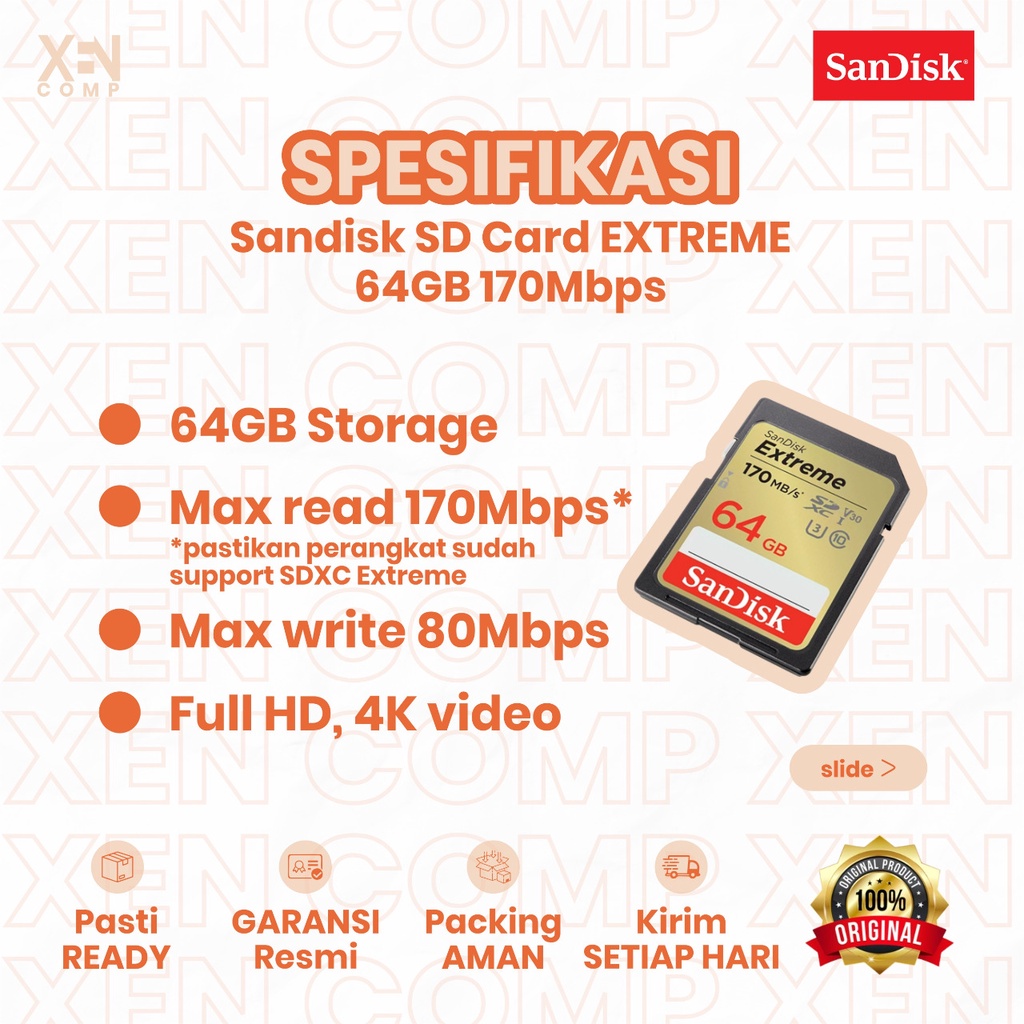 Sandisk SD Card SDHC SDXC Extreme 64GB 170Mbps Memory Card Kartu Memori