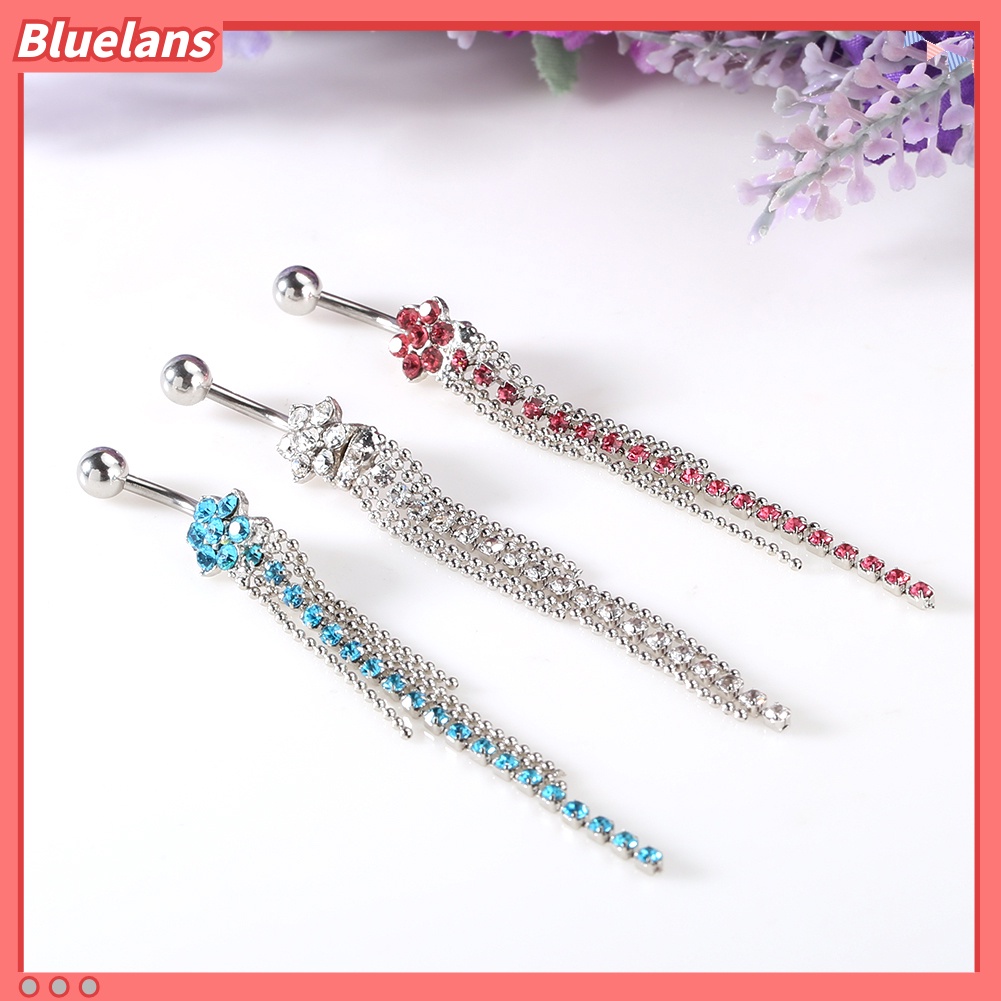 Bluelans 1Pc Women Rhinestone Flower Beaded Tassels Dangle Body Piercing Navel Belly Ring