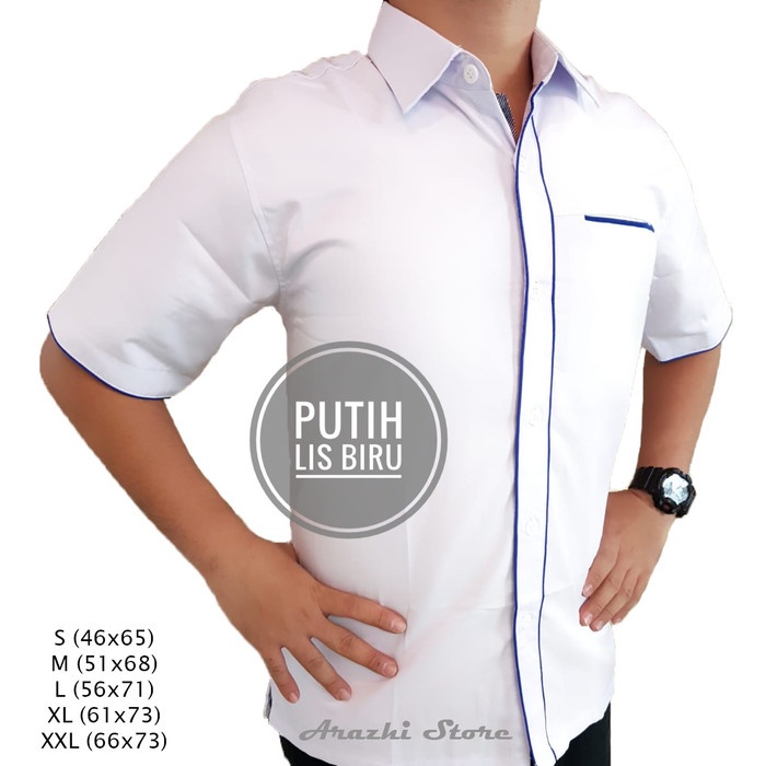 KEMEJA PRIA Seragam Kerja Drill Putih Pria Kemeja Kerja Pria Hem Kerja Baju PDH - S, Putih Lis Biru 