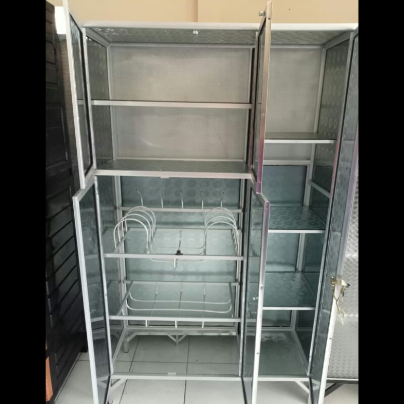 Rak Piring 3 Pintu Putih Kaca Es