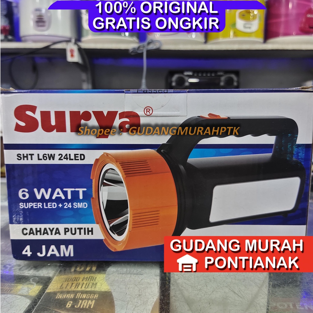 Lampu Senter Emergency 6W + 24LED  SURYA SHT L6W 24LED Sorot jauh body ada lampu cadangan charge cas