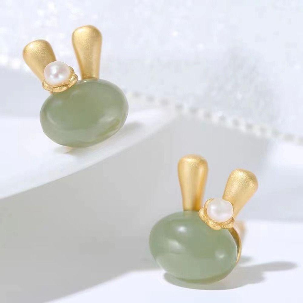 Mxbeauty Hetian Anting Giok Gaya Korea Anting Gadis Sederhana Anting Tahun Baru Anting Mini Batu Akik Anting Minimalis Perhiasan Gaya Cina Hijau Anting Perempuan