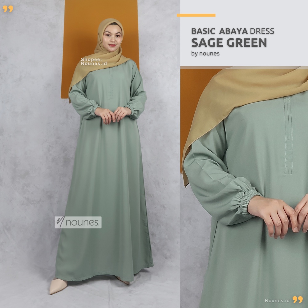 Nounes Basic Abaya Dress Gamis Daily Polos Syari Wanita Muslim Lengan Panjang Saku Kanan Busui Friendly Plain Sleve Inner Wolfis Woolpeach Grade A Warna Black Pink Navy Hijau Maxi Simple Size S M L XL Jumbo XXL LD 92 98 104 110 120-SAGE GREEN