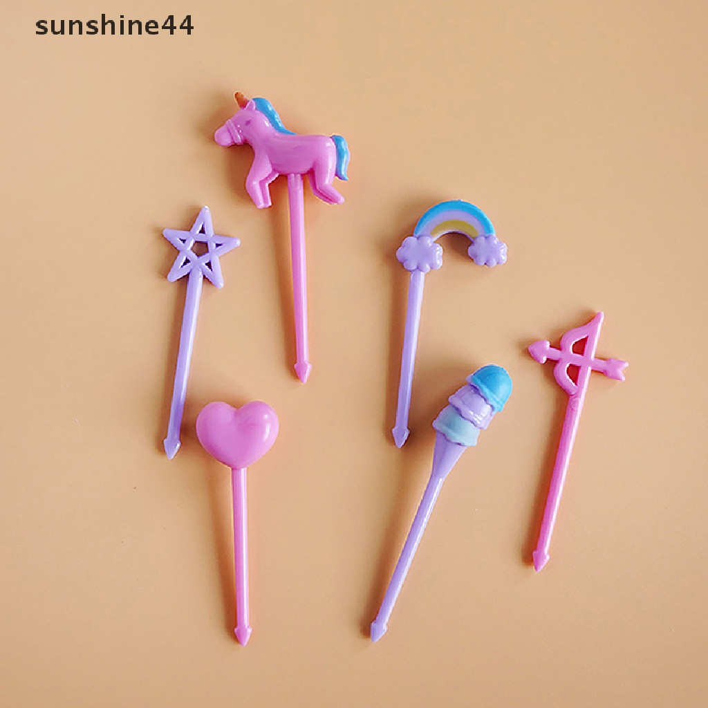 Sunshine 6pcs / Set Garpu Buah / Dessert Mini Motif Kartun Untuk Dekorasi Pesta Anak