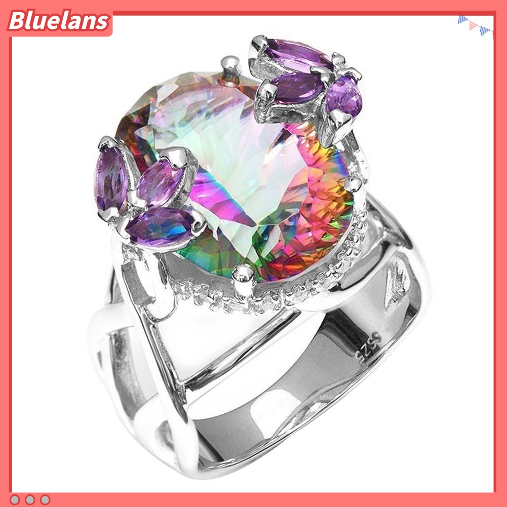 Bluelans Glitter Flower Bud Rainbow Rhinestone Inlaid Ring Bridal Engagement Jewelry Gift