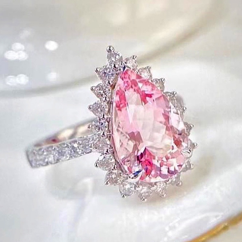 Fancyqube Cincin Berlian Imitasi Bentuk Tetesan Air Warna Pink Untuk Pertunangan