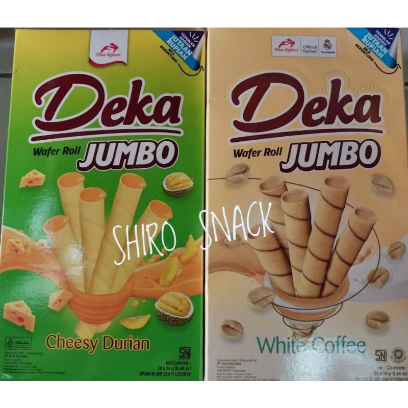 

DEKA wafer roll JUMBO box kemasan sachet isi 20 pcs. Ada 2 varian rasa. cheesy coffdurian & white coffe.