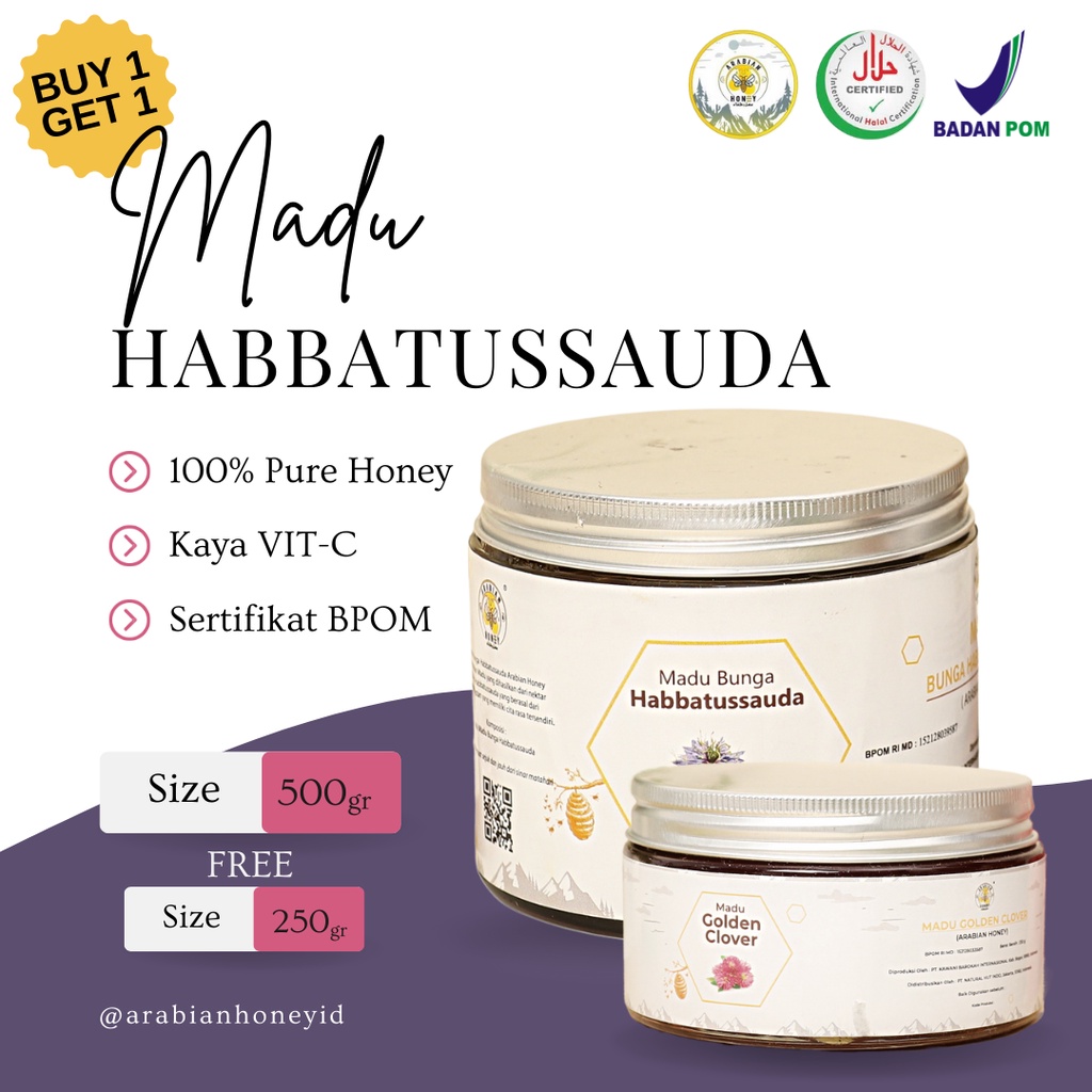 

[ Buy 1 Get 1 ] - Madu Habbatussauda 500gr GRATIS Madu Golden Clover 250gr - Pure Honey - Kaya VIT C II Menurunkan Kadar Gula Darah & Kolesterol