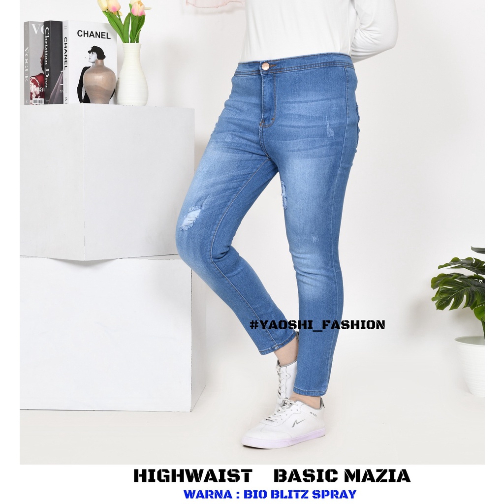 YAOSHI -CELANA PANJANG DENIM/JEANS PINGGANG TINGGI WANITA - Highwaist Denim Mazia Ripped - Bahan  Super Good Quality SIZE 31-34