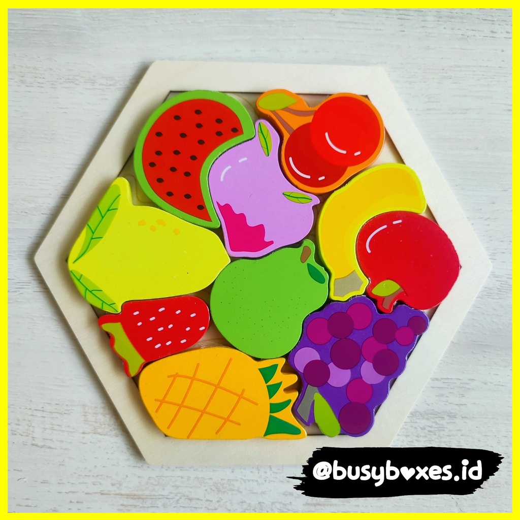 Busyboxes.id Mainan anak edukasi anak 1 2 3 tahun laki laki perempuan mainan edukasi Montessori puzzle jigsaw 3d buah hexagonal