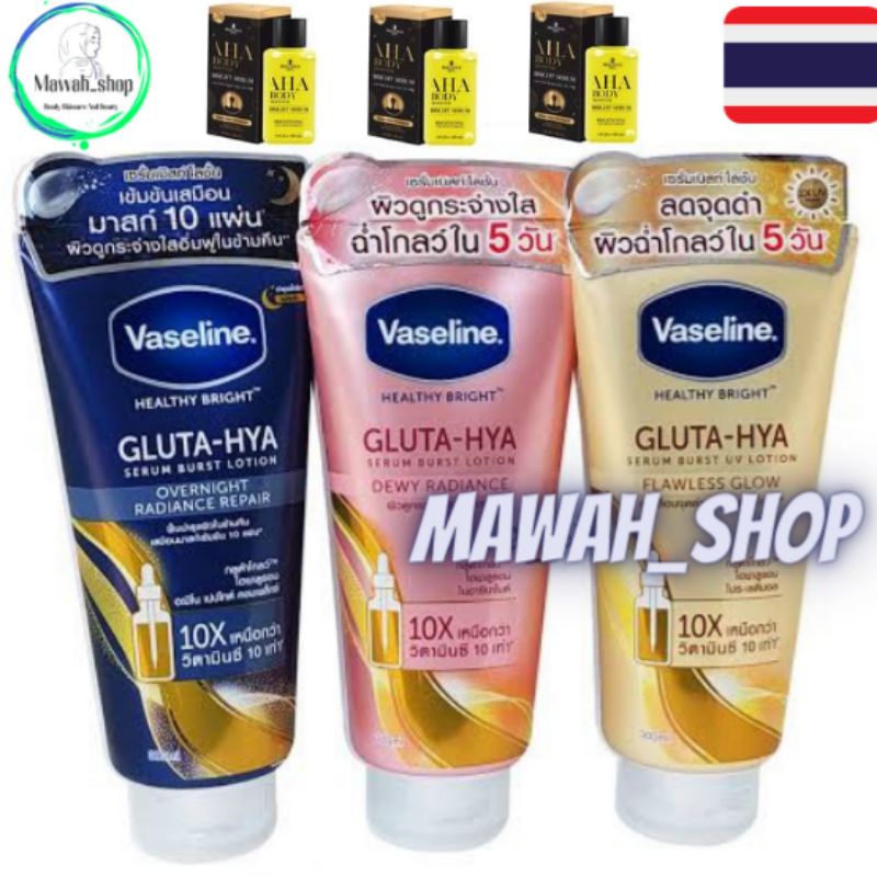 Vaseline Health Bright Gluta Hya serum bust 300ml + AHA MIMI 30ML ORIGINAL THAILAND PAKET HEMAT
