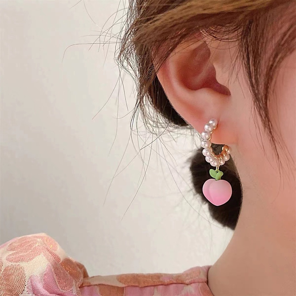 AY(CN) Anting Hoop Hias Mutiara Warna Pink Peach Gaya Korea Untuk Wanita