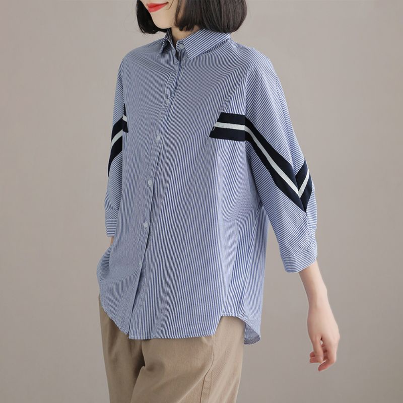 7844 Baju atasan kemeja blouse STRIPED SALUR SHIRT kerja ala gaya Korea Korean style cewek import ba