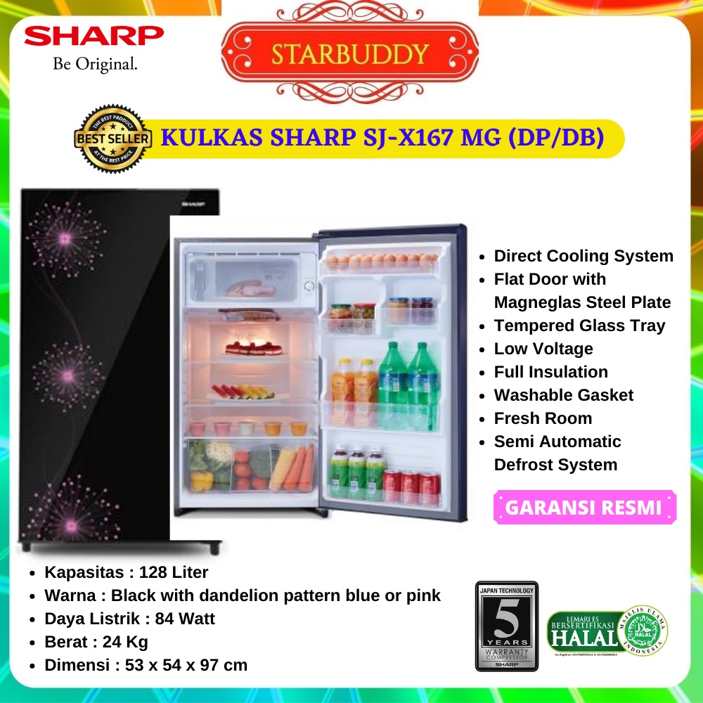 KULKAS SHARP SJ-X167MG 1 PINTU SJ167MG SHINE DANDELION SERIES COCOK BUAT KOST, APARTMENT