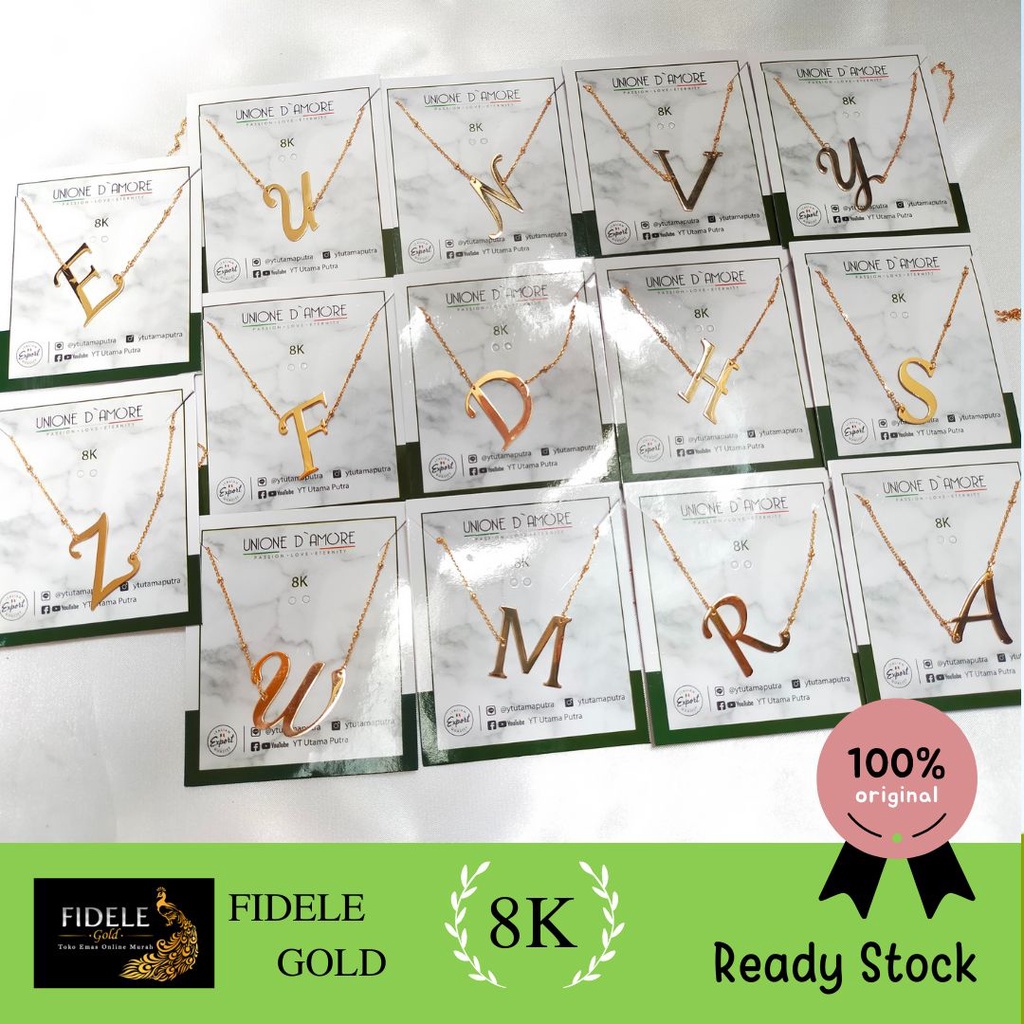 Kalung Huruf Alfabet Emas Asli 375 Huruf A,D,W,E,R,F,M,N,S,Y,H,U,V,Z Panjang 42 cm