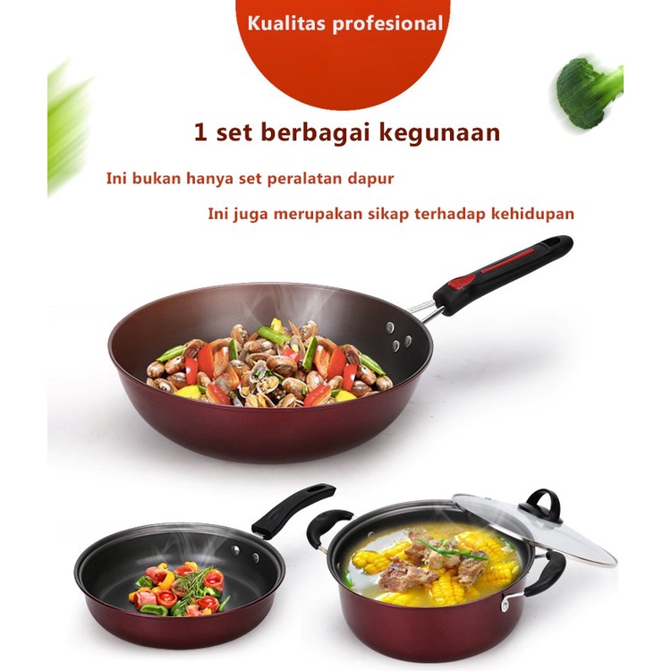 World Home Panci Teflon 1 Set 3 Pcs - Panci Teflon Set 3 Panci Set Anti Lengket Serbaguna TG-5