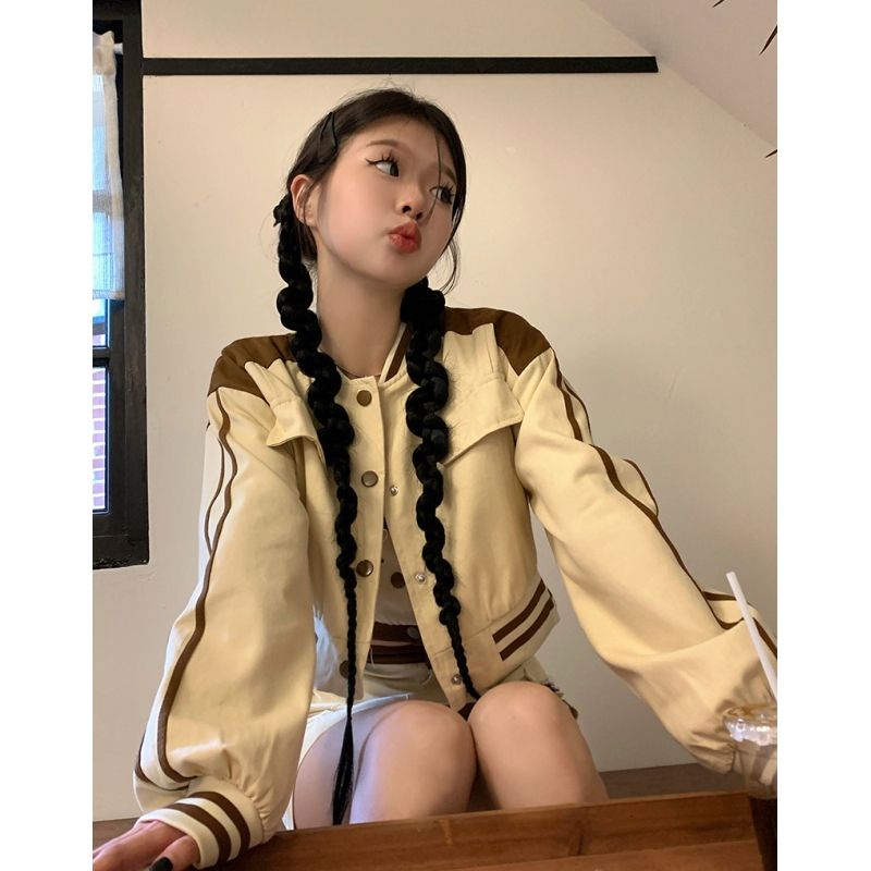 Retro Fashion Suit Bisbol Seragam Jaket Cardigan Kamisol Wanita Musim Gugur Paket Hip Rok Tiga Poton