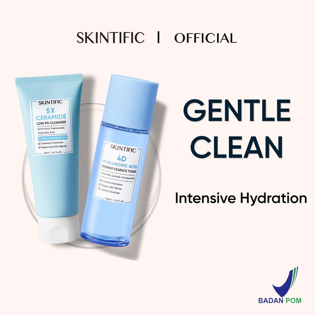 SKINTIFIC - Gentle Clean Set / 5X Ceramide Low Ph Cleanser 80Ml &amp; 4D Hyaluronic Acid Toner 100Ml 【BPOM】