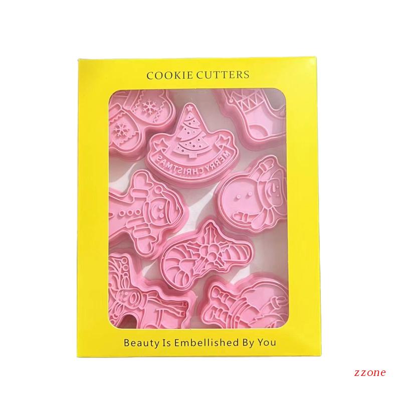 8pcs / Set Cetakan Pemotong Kue Kering Biskuit Model Tekan Desain Kartun Natal 3D
