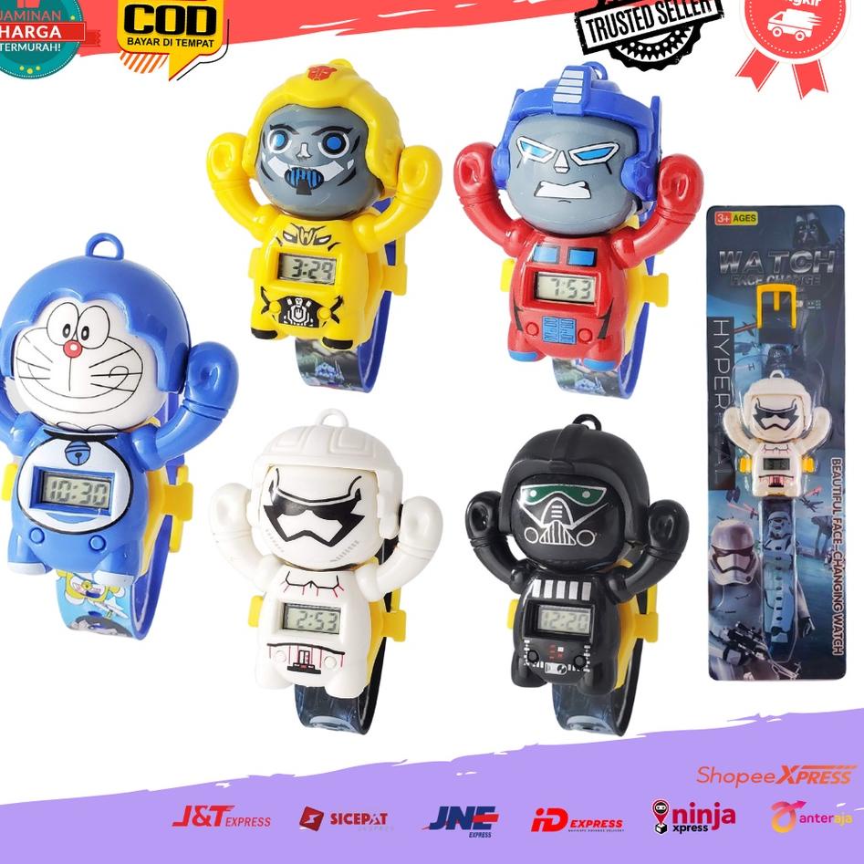 [CJG.18Oc22ᴶ]  Jam Tangan Anak Cowok Strap Rubber Model Kepala Putar 3D Digital Karakter Kartun Robo