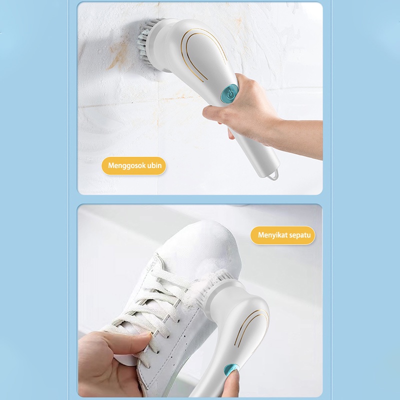 Sikat Elektrik 5 in 1 Handheld Sikat Magic Brush/Kamar Mandi Rotasi Cerdas 360° Derajat Kebisingan Rendah Tahan Air IPX7 Wastafel Dapur Cleaning Brush