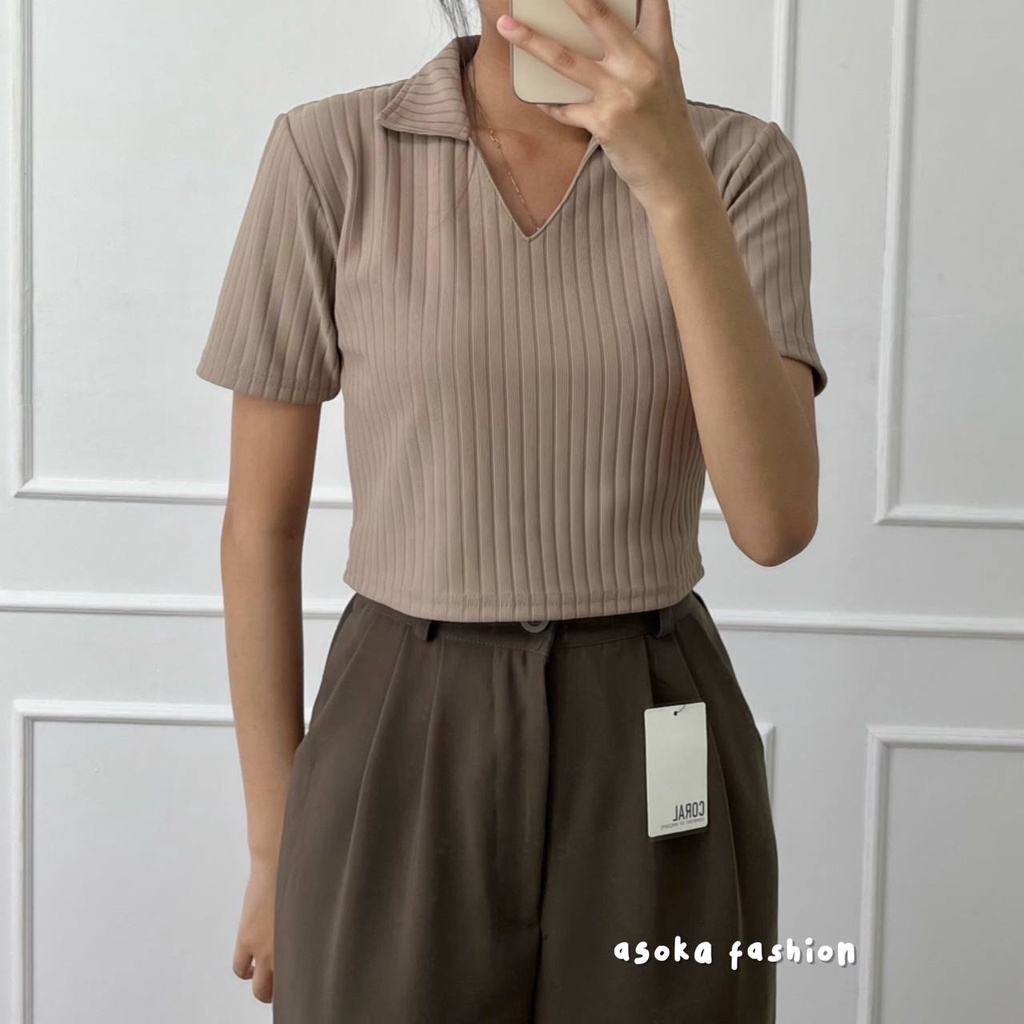 Lily Top 260 - Kaos Knit Rib - Kaos Pendek Wanita - Kaos Polo Crop-Khaki