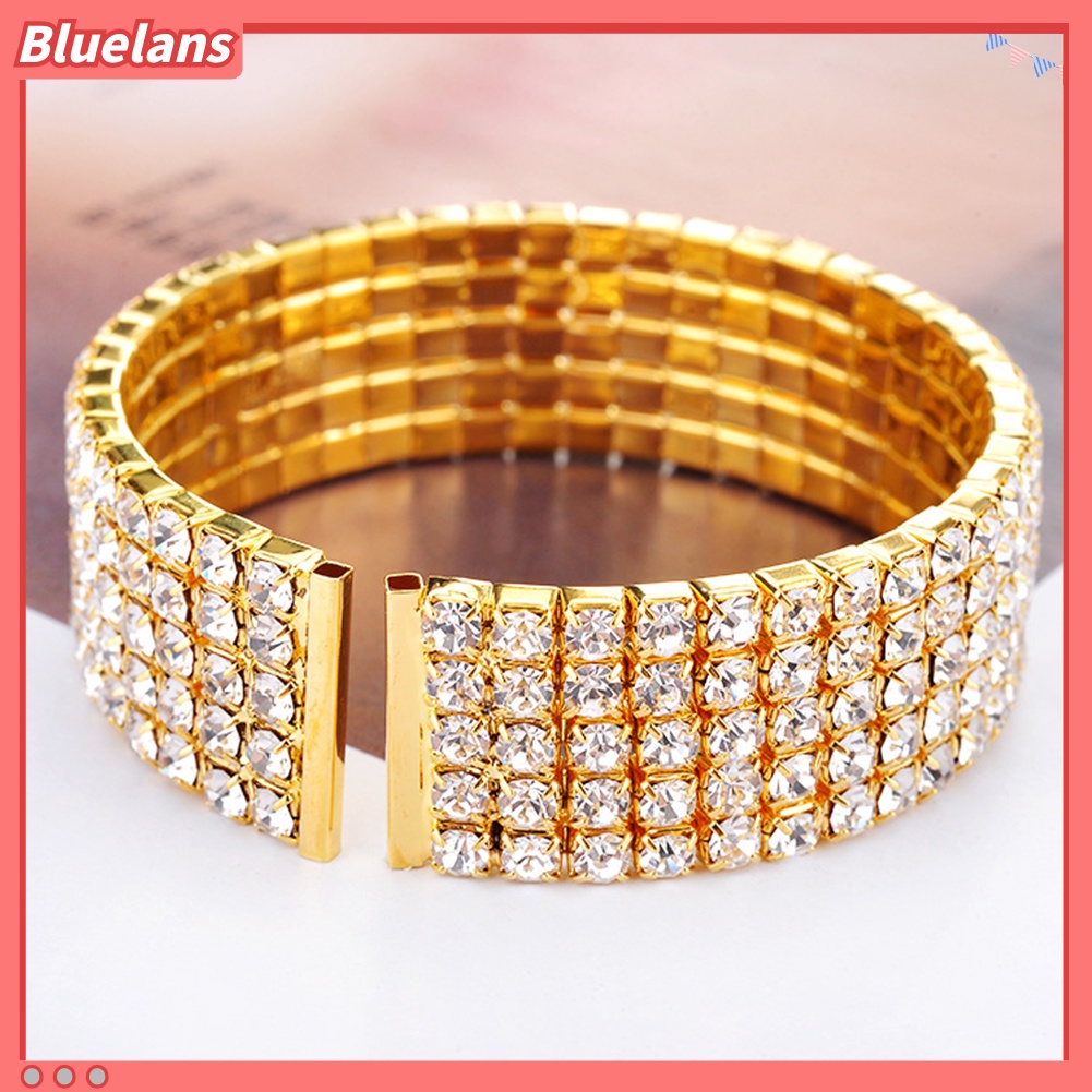 Bluelans Women 5 Rows Clear Rhinestone Wide Bracelet Cuff Open Bangle Bridal Jewelry