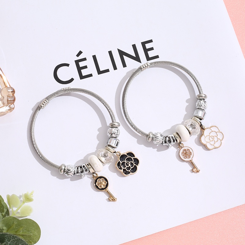 XiaoboACC Gelang Tangan Wanita Manik Kristal Stainless Steel Handmade DIY Liontin Kunci Bunga