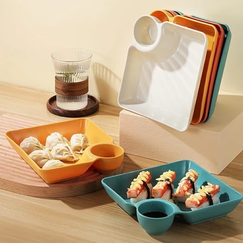(clashop)Piring Unik Dengan Tempat Sambal Saos Kecap Piring Gorengan Square Segi Piring