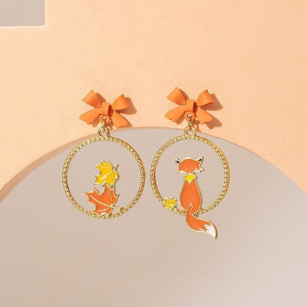 Mxbeauty Wanita Stud Earrings Lucu Retro Gaya Jepang Daun Busur Temperamen Maple Drop Earrings