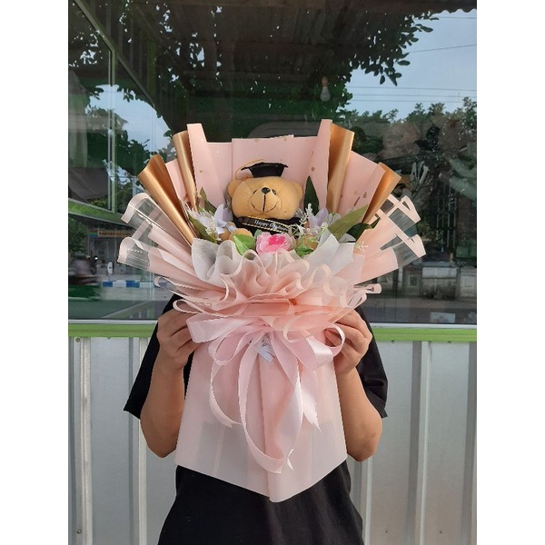 Jual Buket Boneka Wisuda Pink Mix Bunga Artificial Buket Boneka Murah